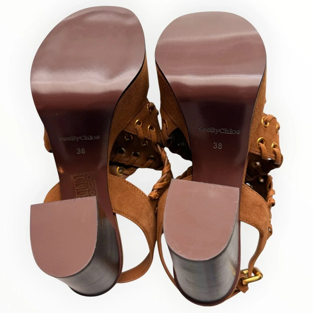See By Chloé NWOB Tan Suede Platform Sandals 38 Lace-Up Grommet Boho Designer